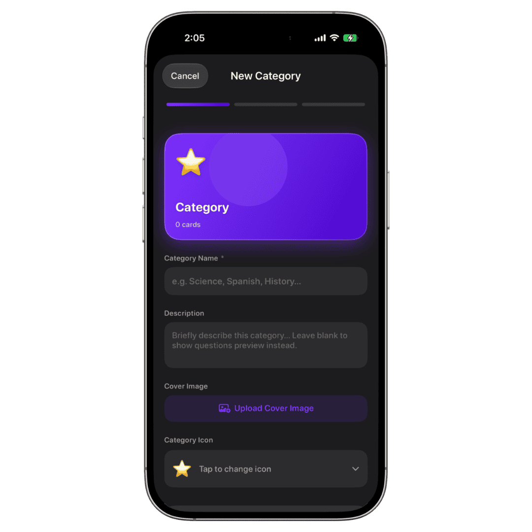 KidWiz create category screen