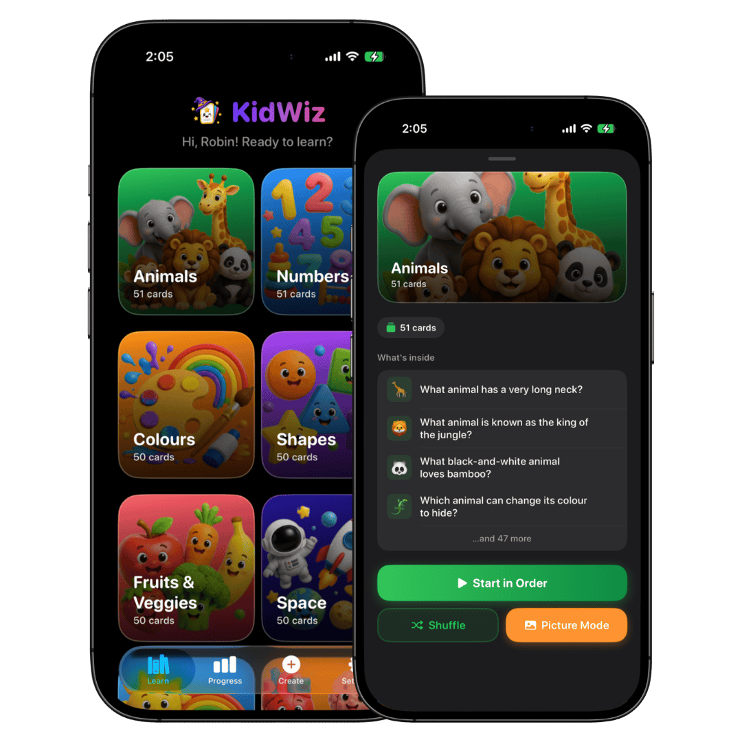 KidWiz app preview showing the home screen and a category details screen