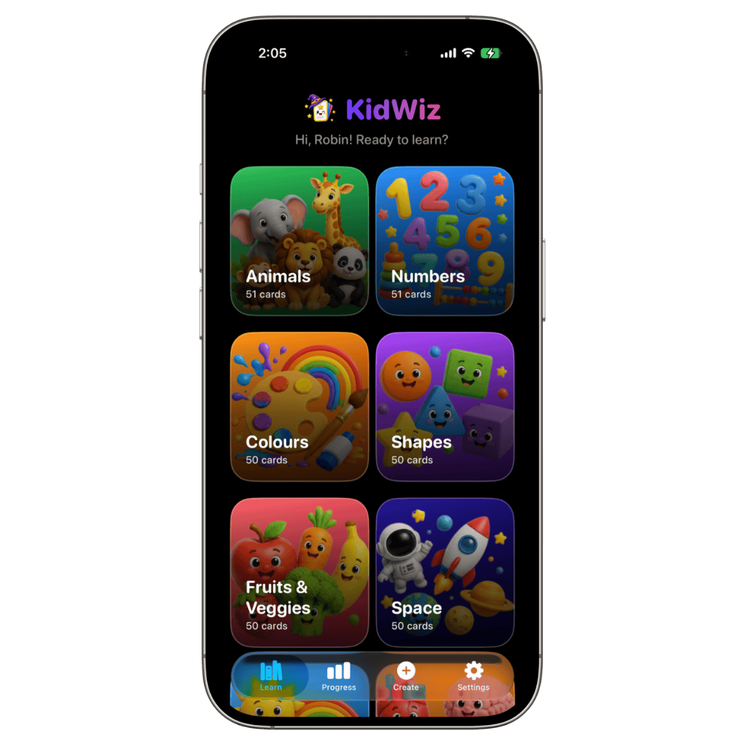 KidWiz home screen showing category cards