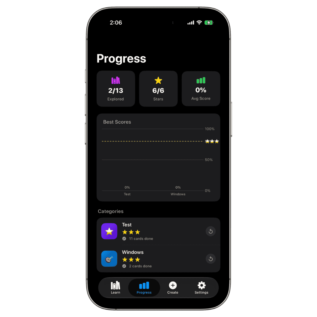 KidWiz progress screen with best scores and category progress